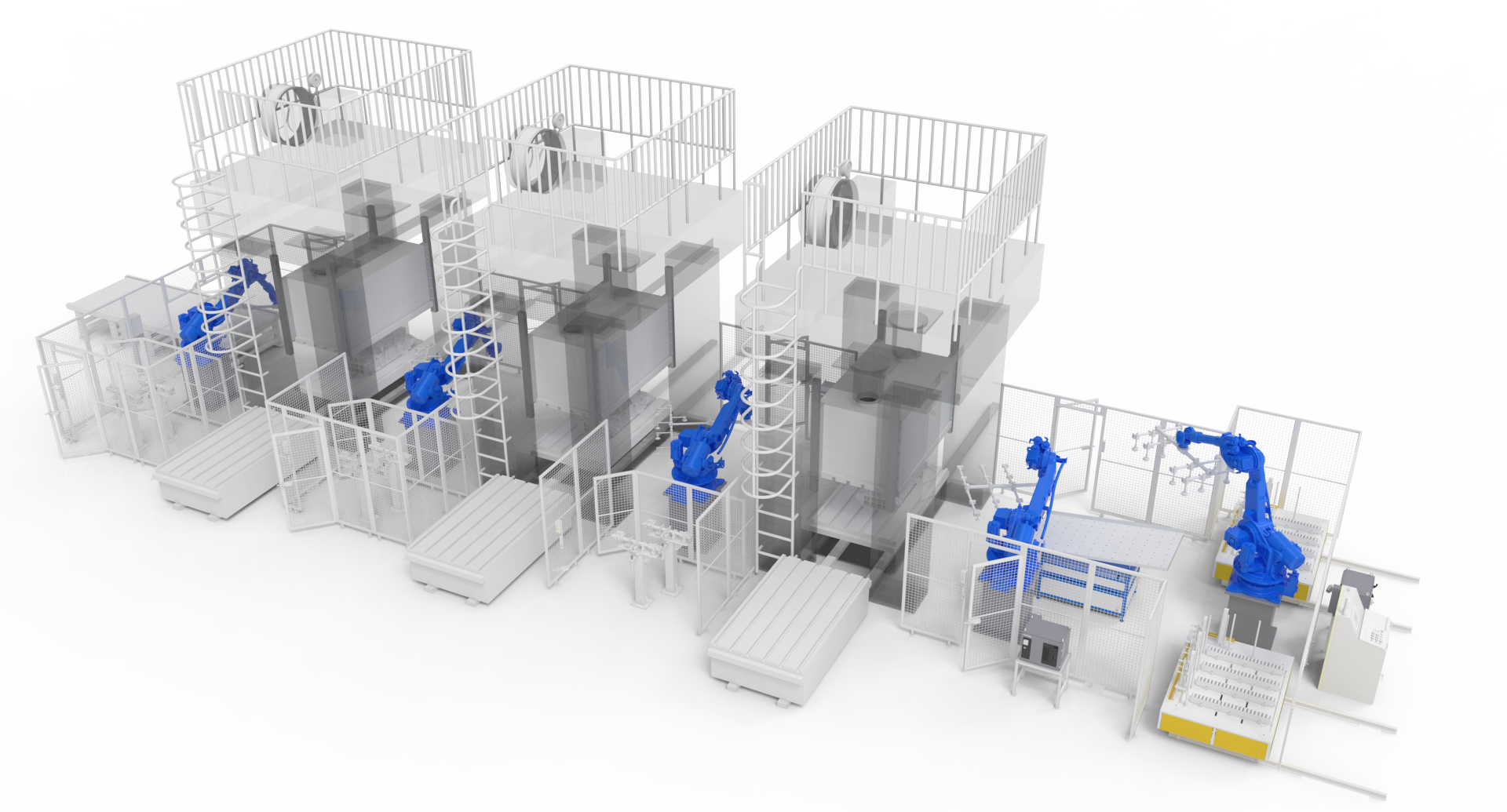 Press automation line with robotic transfer systems